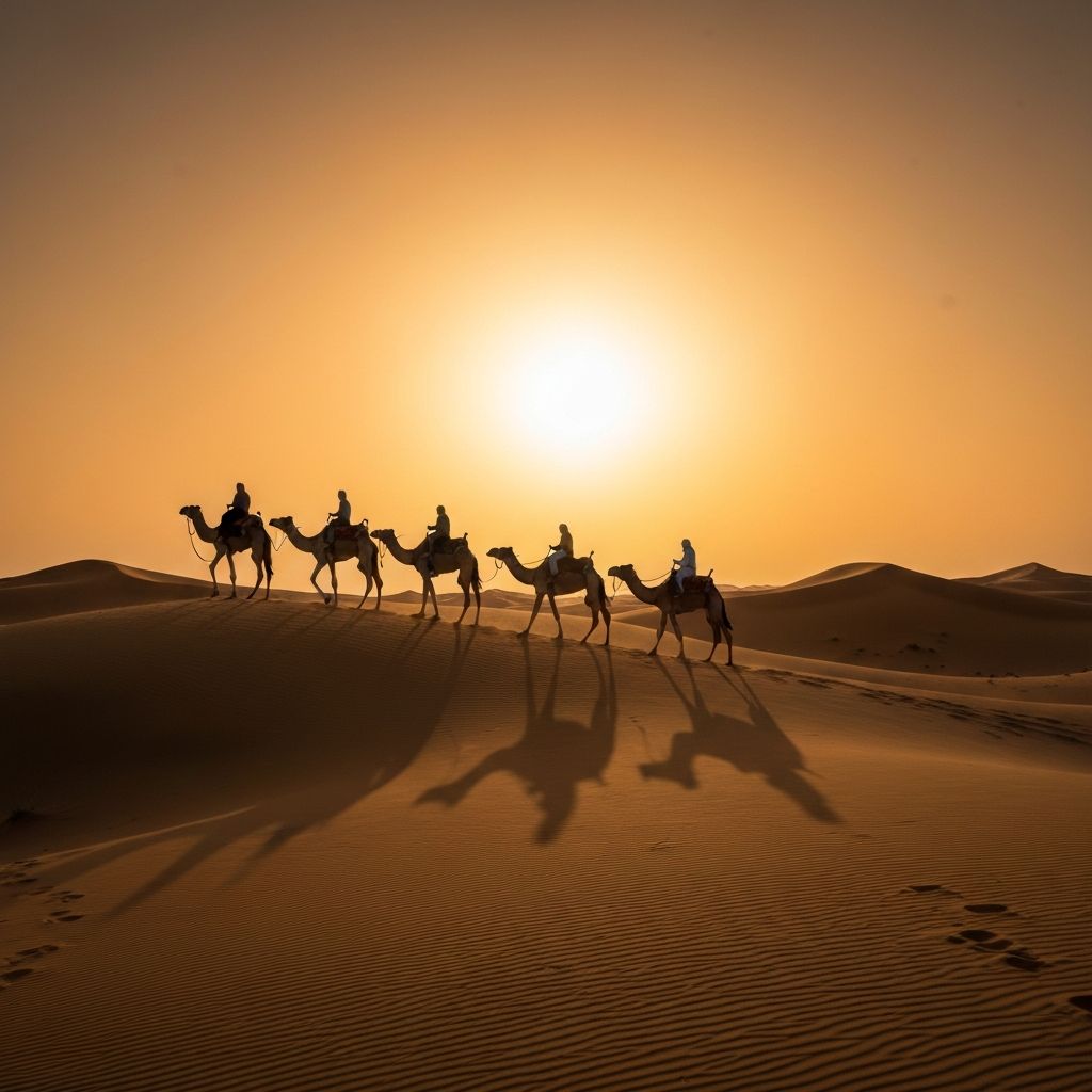 قافلة جمال في الصحراء عند الغروب